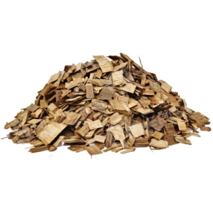 Pile of hardwood chips, landscaping mulch material.