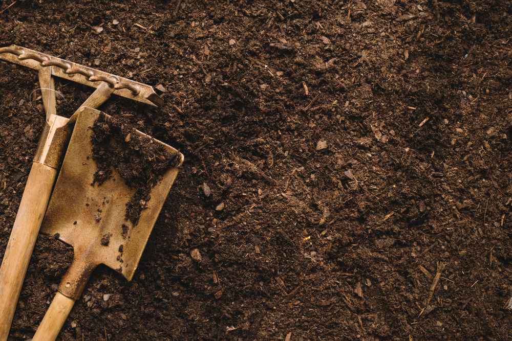 Photo of garden tools laying on a pile of mulch, illustrating gardening and landscaping equipment.