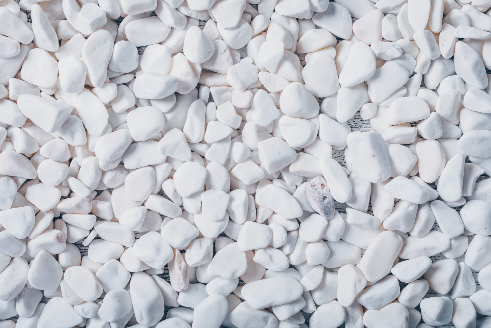 Close-up photo of smooth white pebbles, illustrating their texture and decorative use in landscaping.