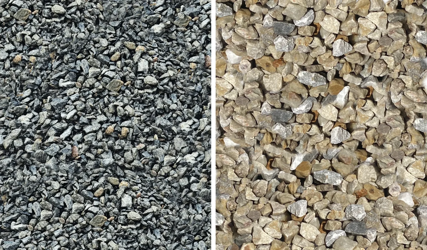 Photo of blue metal gravel next to pearl quartz gravel, illustrating different types of decorative gravel used in landscaping.