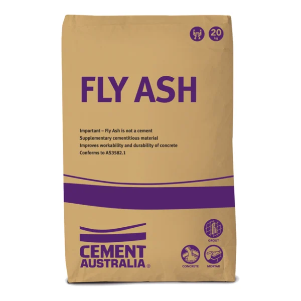 Cement Australia Fly Ash 20KG bag, showing packaging and branding details.