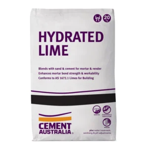 Cement Australia Hydrated Lime 20KG bag, showing packaging and branding details.