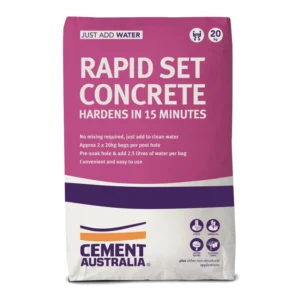 Cement Australia Rapid Set Concrete 20KG bag, showing packaging and branding details.