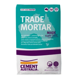 Cement Australia Trade Mortar 20KG bag, showing packaging and branding details.