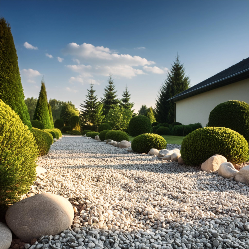 Photo of a landscaped yard with a white pebble pathway, trimmed hedges, and lush plants, illustrating well-maintained landscaping design.