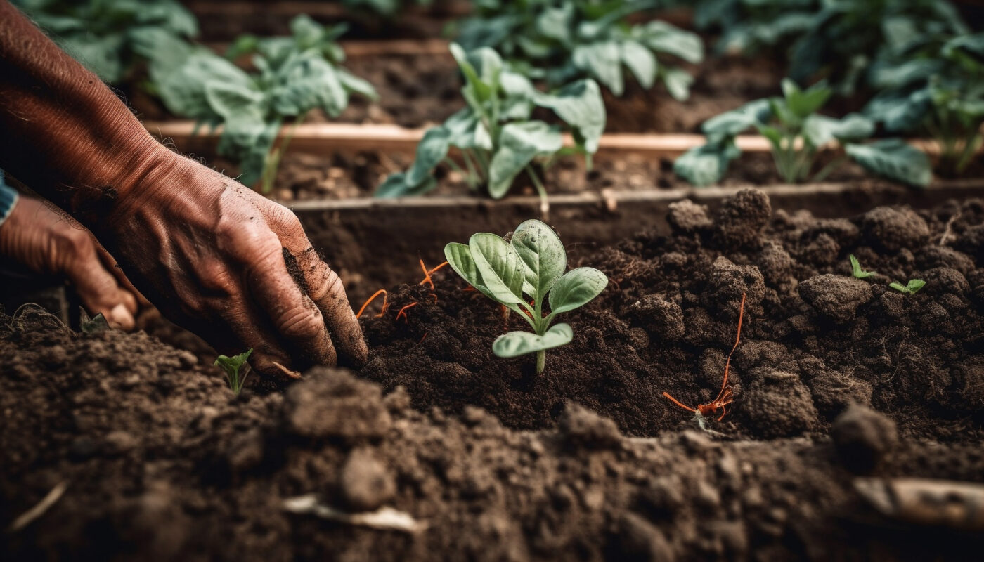 Hands tending to small plants in a garden, demonstrating gardening and plant care.