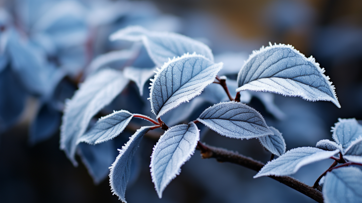 Close-up photo of a frozen plant in winter, illustrating the effects of frost and cold temperatures on vegetation.